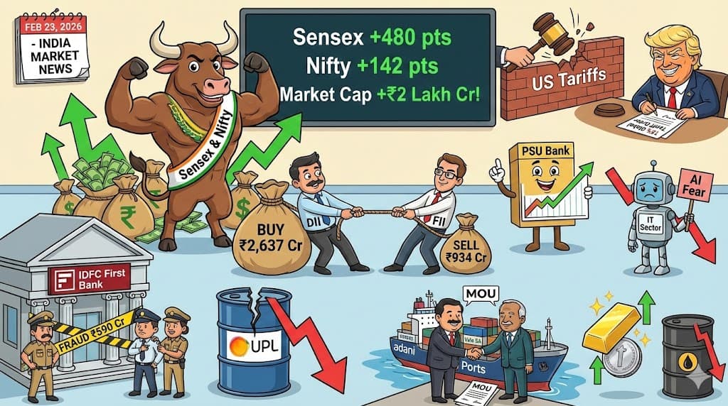Feb 23, 2026: Indian Stock Market News Today: Sensex Surges, IDFC Fraud & US Tariffs