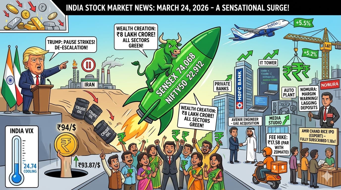March 24, 2026: Sensex & Nifty Rebound, Cooling Oil, and Swiggy Updates